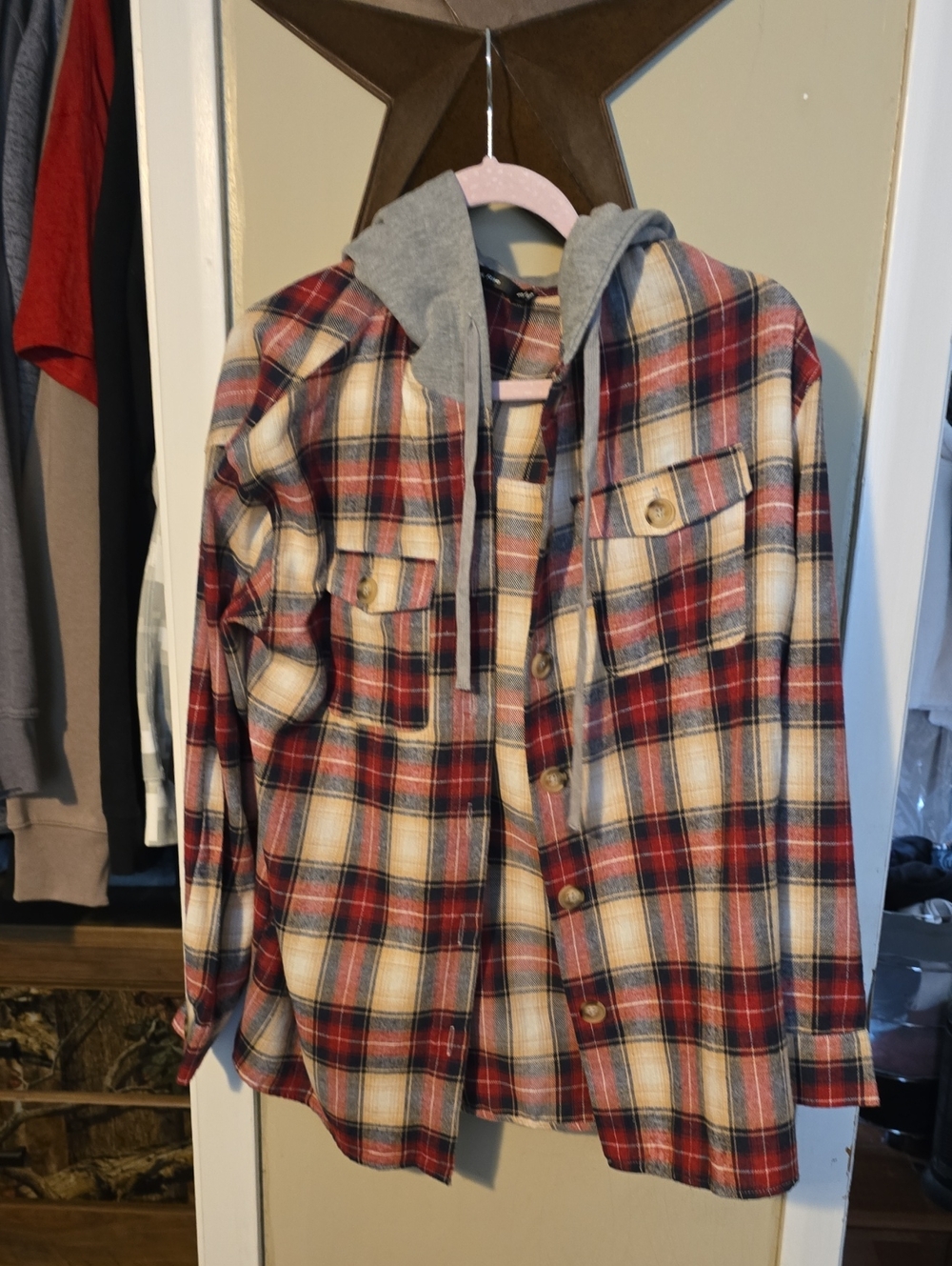 Doe & Rae Red Plaid Button-Down Shirt with Gray Hood Brand New Medium